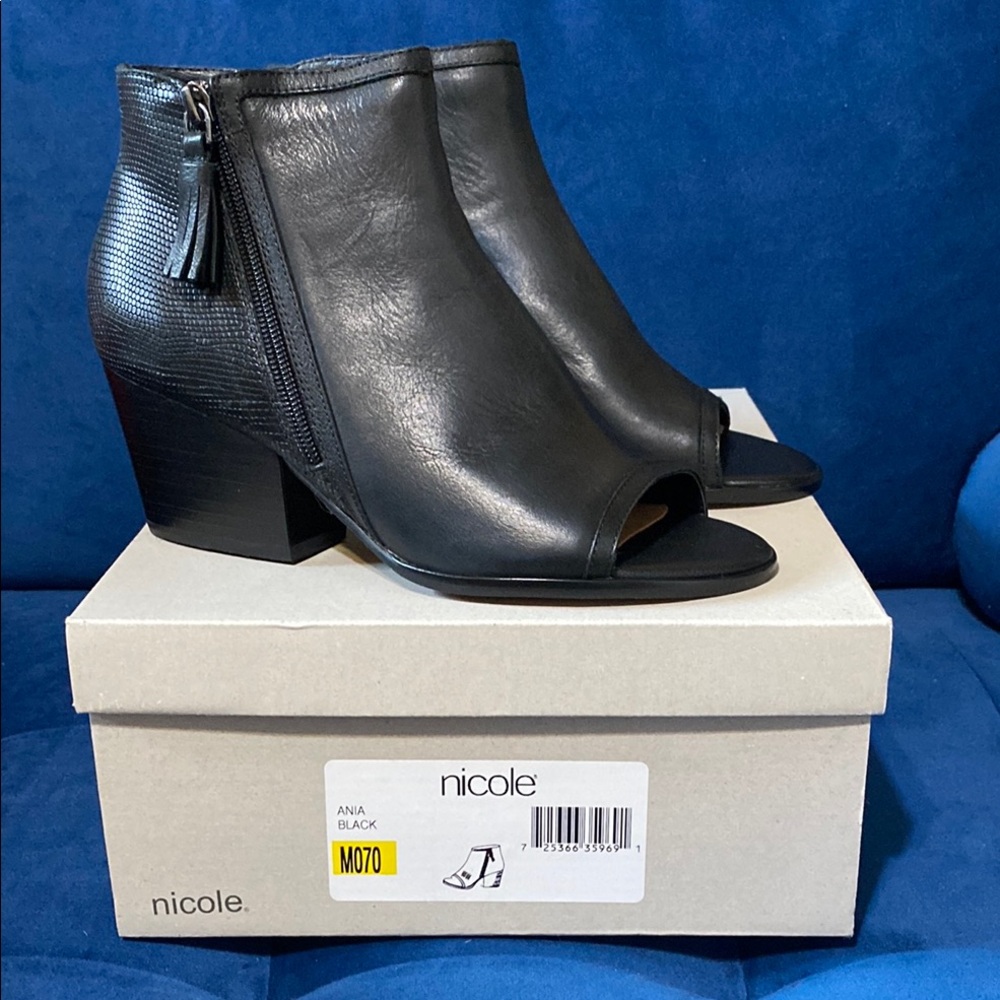 Nicole Black Leather Ankle Booties with Chunky Heel